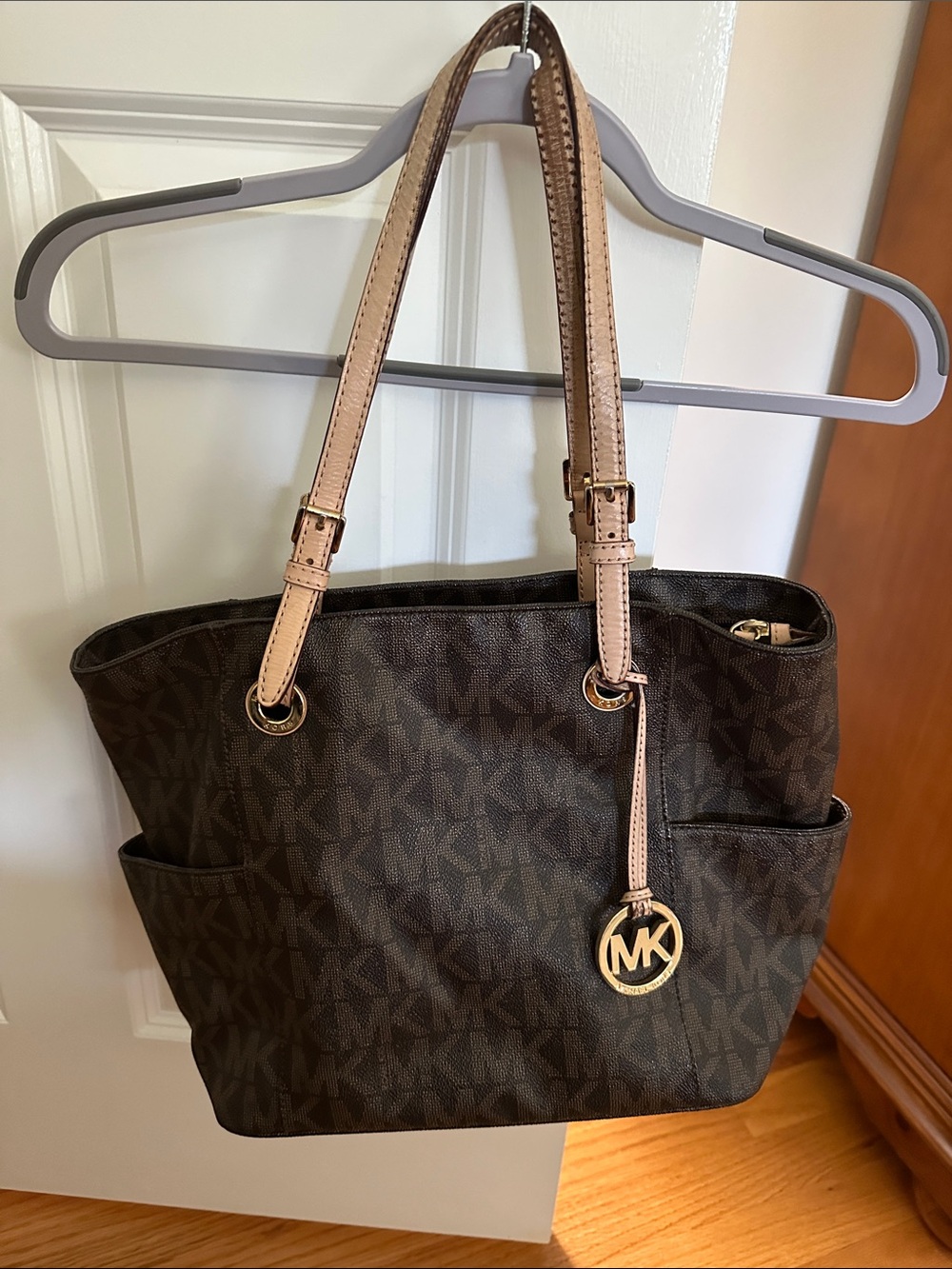 Michael Kors Dark Brown MK Logo Tote with Tan Straps and Gold Accent
